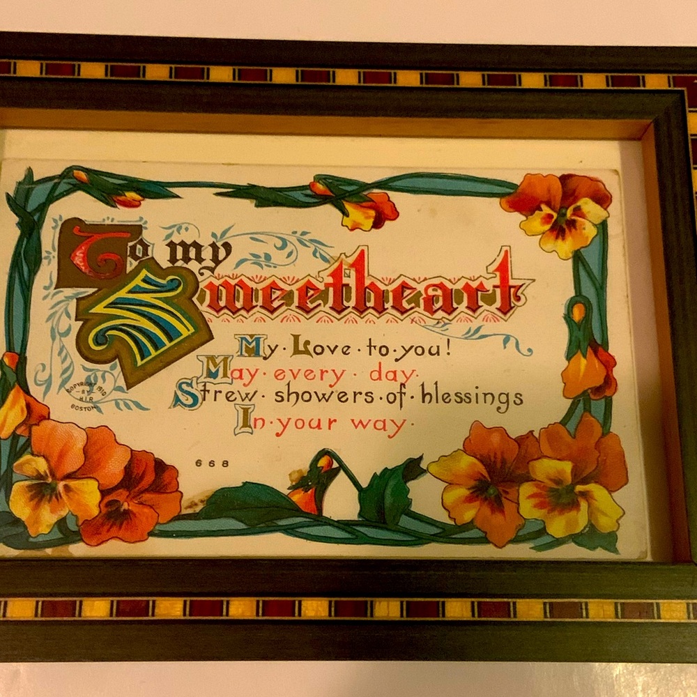 Vintage Framed Postcard “Sweetheart” Wall Art 7.5”x5.5”
